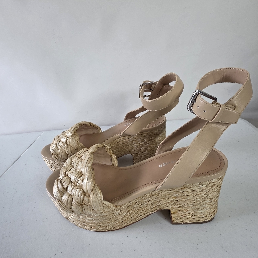 Marc Fisher Natural Raffia Sandal Size 9 Chunky Ankle Strap Platform Shoe Boho
